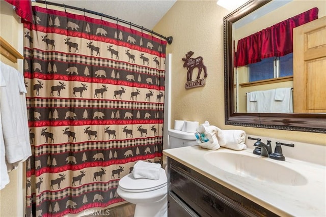 bathroom with vanity, a shower with shower curtain, toilet, and a textured wall