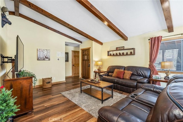 living area with baseboards, wood finished floors, and vaulted ceiling with beams