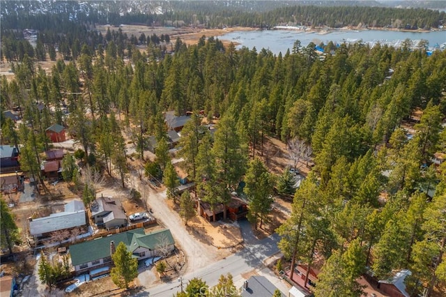 bird's eye view with a wooded view and a water view