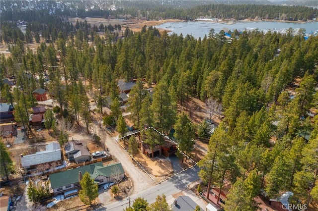 drone / aerial view featuring a view of trees and a water view