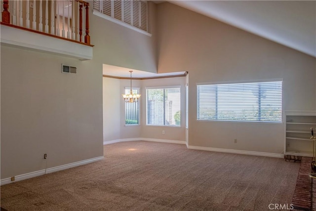 unfurnished living room featuring visible vents, baseboards, a chandelier, carpet floors, and high vaulted ceiling