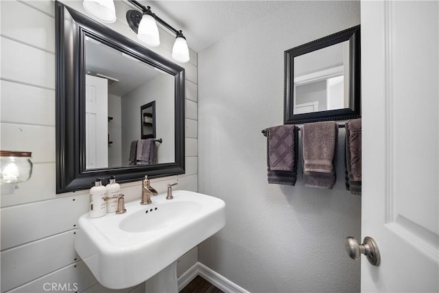 bathroom with a textured wall and a sink