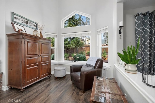 sitting room with dark wood finished floors, a high ceiling, and baseboards