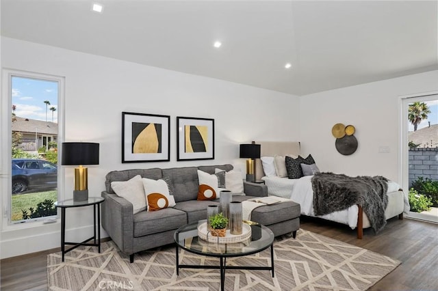 living area with plenty of natural light, baseboards, and wood finished floors