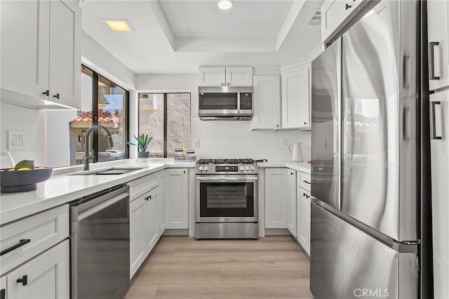 kitchen featuring visible vents, light countertops, a tray ceiling, stainless steel appliances, and a sink