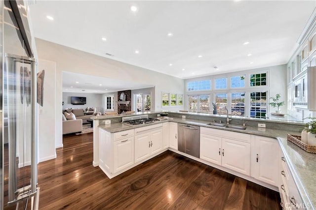 kitchen featuring a sink, stainless steel appliances, open floor plan, and a wealth of natural light