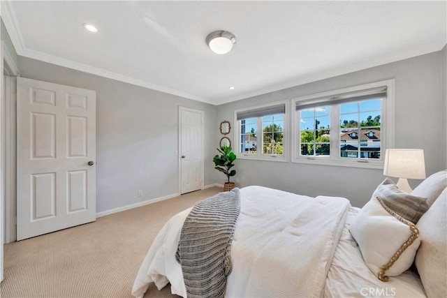 bedroom with light carpet, recessed lighting, baseboards, and ornamental molding