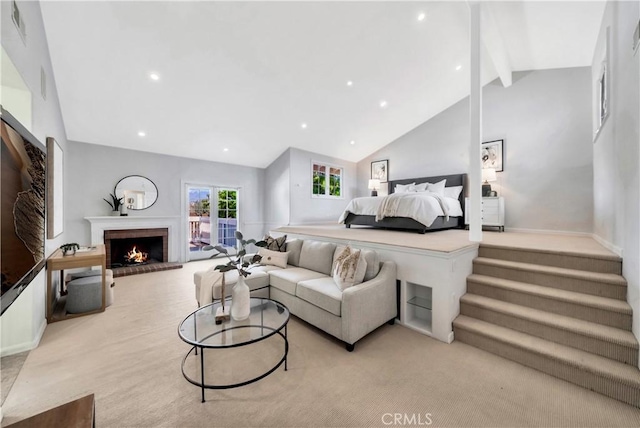 bedroom with visible vents, beam ceiling, recessed lighting, a fireplace, and access to exterior