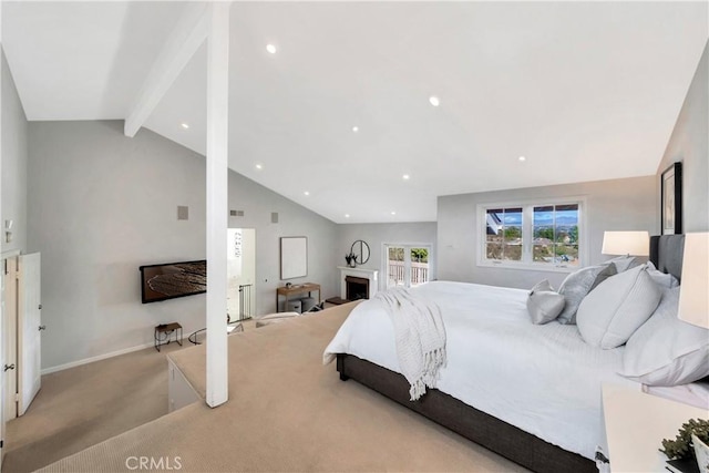 carpeted bedroom featuring vaulted ceiling with beams, a fireplace, recessed lighting, and baseboards