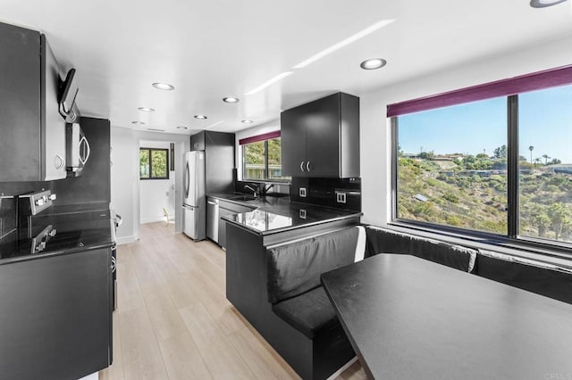 kitchen featuring dark cabinetry, a sink, stainless steel appliances, light wood-type flooring, and breakfast area