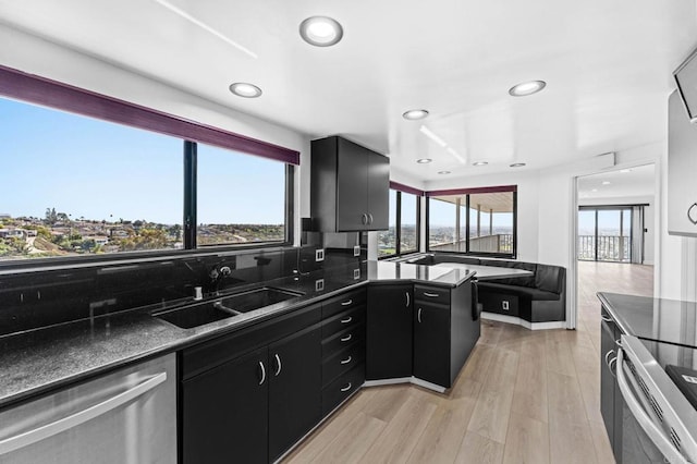 kitchen with dark countertops, a sink, appliances with stainless steel finishes, and dark cabinets