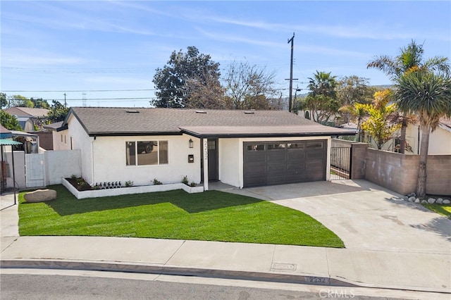 ranch-style house featuring stucco siding, a garage, driveway, and fence