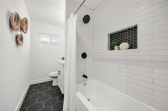 bathroom featuring toilet, tile patterned floors, shower / bath combination with curtain, and baseboards