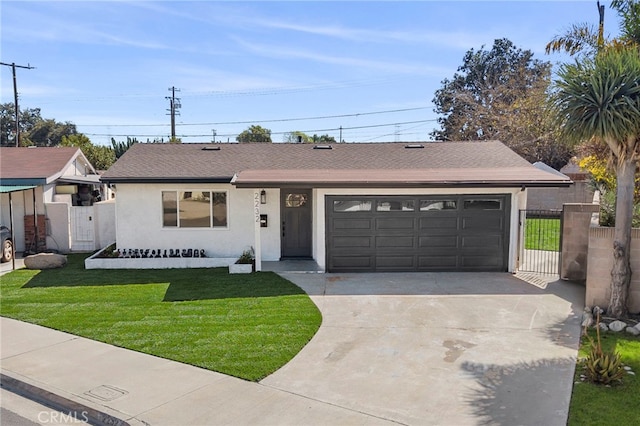 single story home featuring a shingled roof, a front yard, a garage, driveway, and a gate