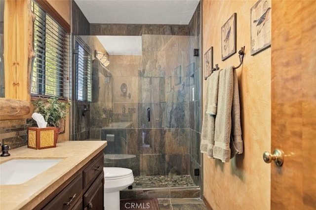 bathroom featuring vanity, toilet, and a shower stall