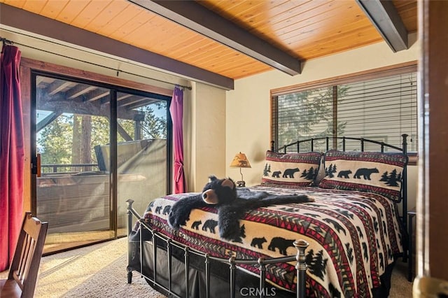 bedroom with access to exterior, wooden ceiling, and beam ceiling