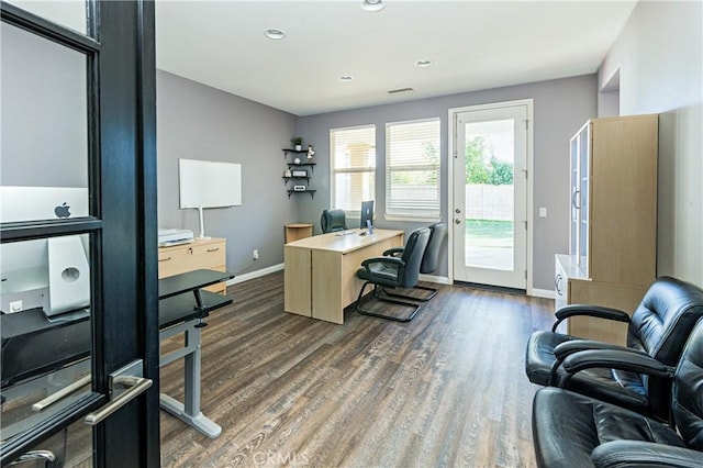 office with recessed lighting, visible vents, baseboards, and dark wood-style flooring