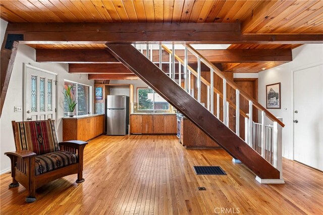 26509 Lake Forest Dr, Twin Peaks, CA 92391 - interior space with beamed ceiling, wooden ceiling, stairway, and light wood-style floors