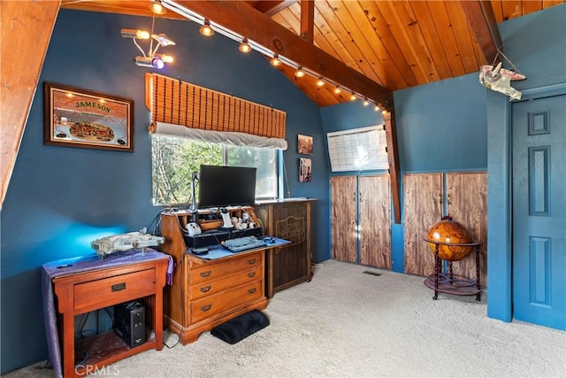 26509 Lake Forest Dr, Twin Peaks, CA 92391 - office space featuring wood ceiling, a healthy amount of sunlight, lofted ceiling with beams, and carpet flooring