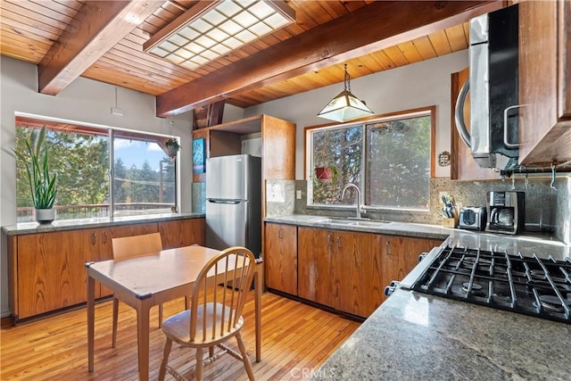 26509 Lake Forest Dr, Twin Peaks, CA 92391 - kitchen featuring a sink, beam ceiling, decorative backsplash, brown cabinetry, and wood ceiling