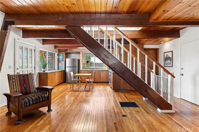 26509 Lake Forest Dr, Twin Peaks, CA 92391 - living area with beamed ceiling, light wood finished floors, stairs, and wood ceiling