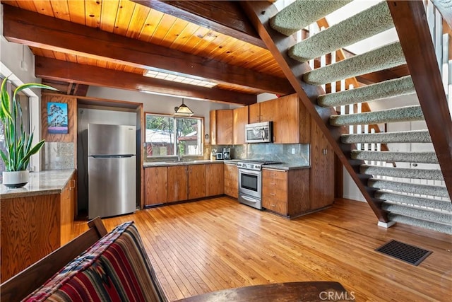 26509 Lake Forest Dr, Twin Peaks, CA 92391 - kitchen with decorative backsplash, brown cabinetry, appliances with stainless steel finishes, beam ceiling, and light wood-type flooring