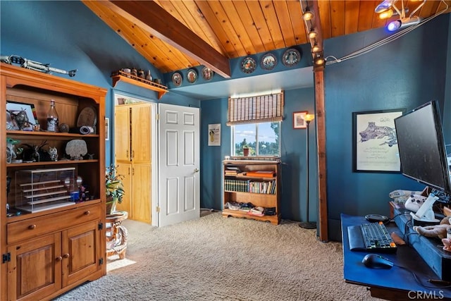 office featuring wood ceiling, carpet flooring, and vaulted ceiling with beams