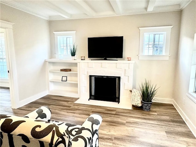 living room featuring beamed ceiling, baseboards, wood finished floors, and a fireplace