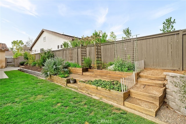 view of yard with a fenced backyard and a vegetable garden