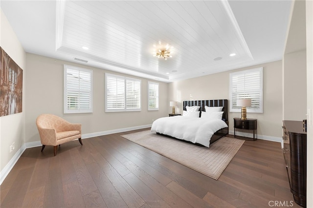 bedroom featuring baseboards, wood ceiling, recessed lighting, a raised ceiling, and dark wood-style flooring