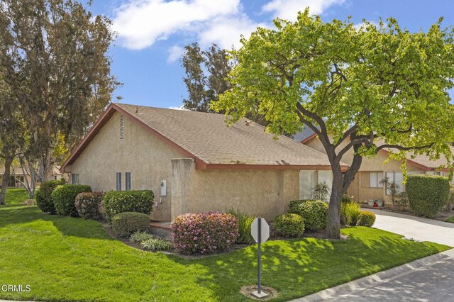 view of property exterior featuring a yard, a shingled roof, driveway, and stucco siding