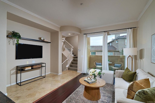 living room with stairway, wood finished floors, baseboards, and ornamental molding