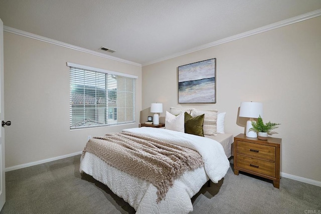 bedroom featuring crown molding, carpet, visible vents, and baseboards