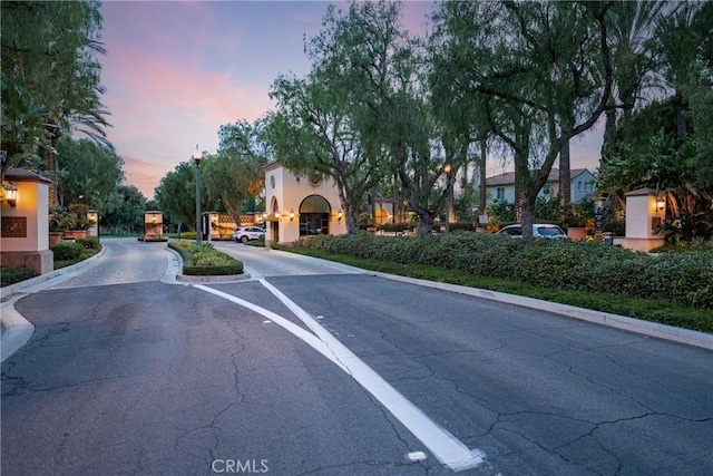 view of road with street lights, curbs, and a gated entry