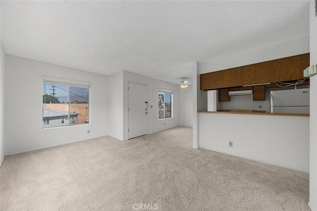 unfurnished living room with a wealth of natural light, a textured ceiling, and carpet flooring