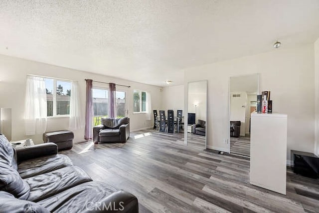 living area with a textured ceiling, baseboards, and wood finished floors