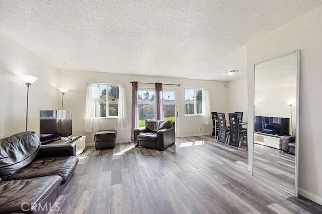 living room featuring baseboards, a textured ceiling, and wood finished floors