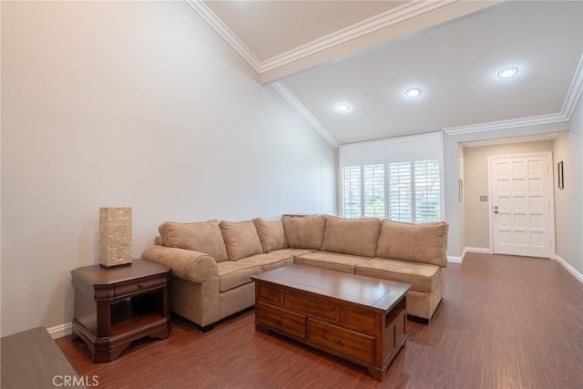 living area featuring lofted ceiling, crown molding, baseboards, and dark wood-style flooring