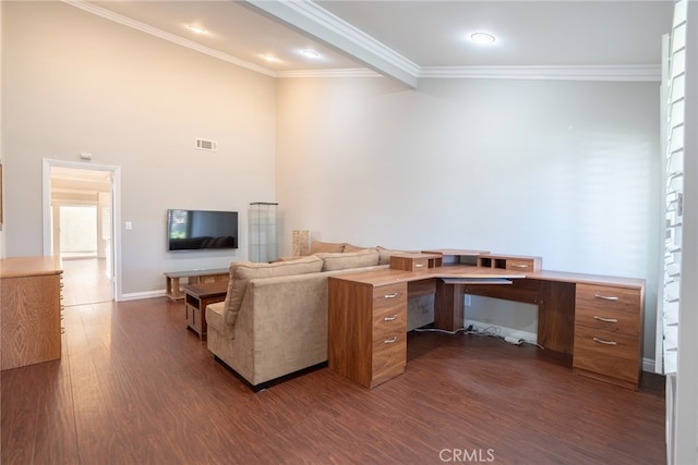 living room featuring crown molding, visible vents, and dark wood-style flooring