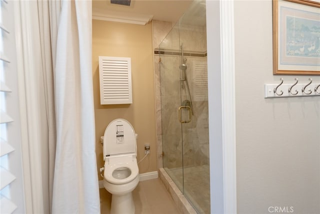 bathroom featuring tile patterned flooring, visible vents, baseboards, toilet, and a stall shower