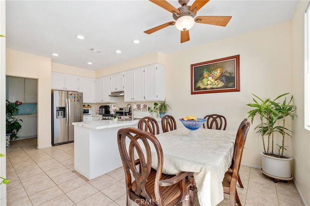 dining room with visible vents, baseboards, ceiling fan, light tile patterned floors, and recessed lighting