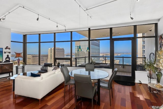 dining space featuring a city view, track lighting, and wood finished floors