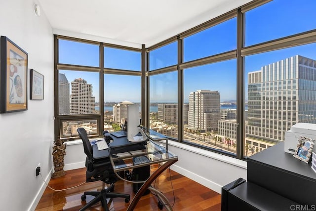 home office featuring baseboards, a city view, wood finished floors, and a water view