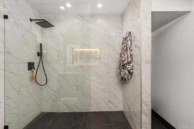 full bath with recessed lighting and a marble finish shower