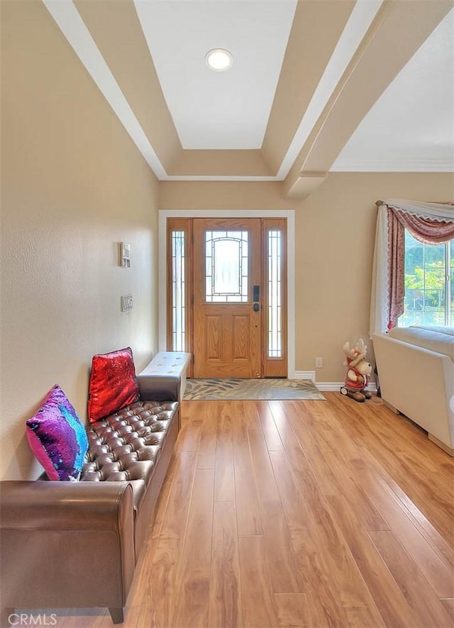 entrance foyer with crown molding, a raised ceiling, light wood-type flooring, and baseboards