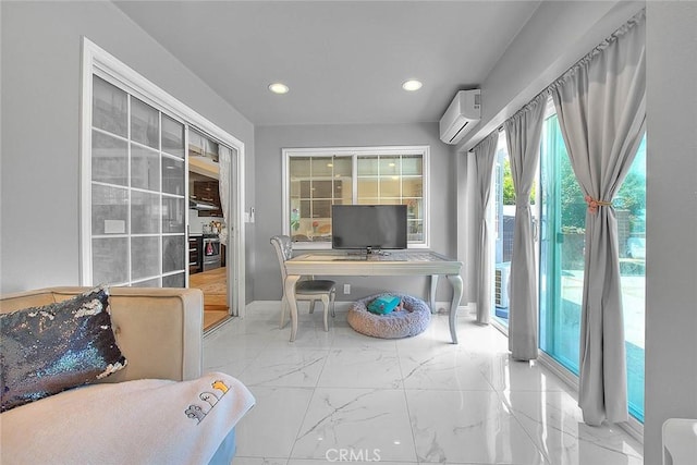 office area with recessed lighting, marble finish floor, and a wall unit AC