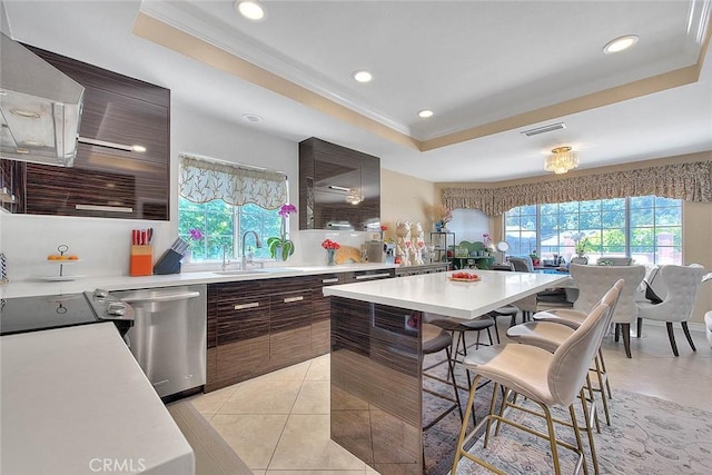 kitchen with a sink, light countertops, a kitchen breakfast bar, a raised ceiling, and stainless steel dishwasher