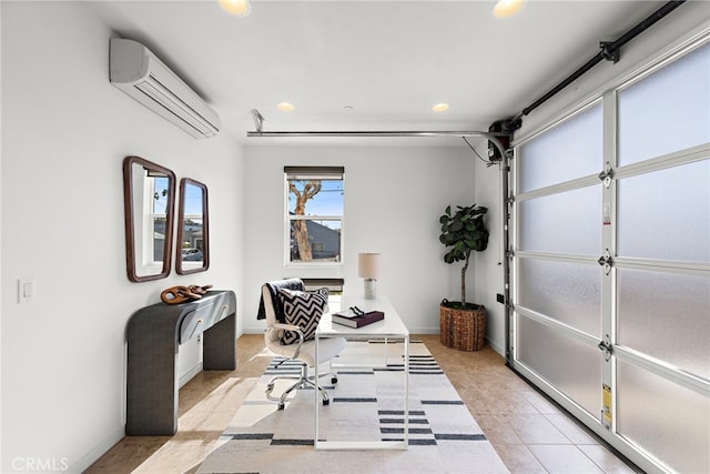 tiled home office featuring an AC wall unit, recessed lighting, baseboards, and a garage