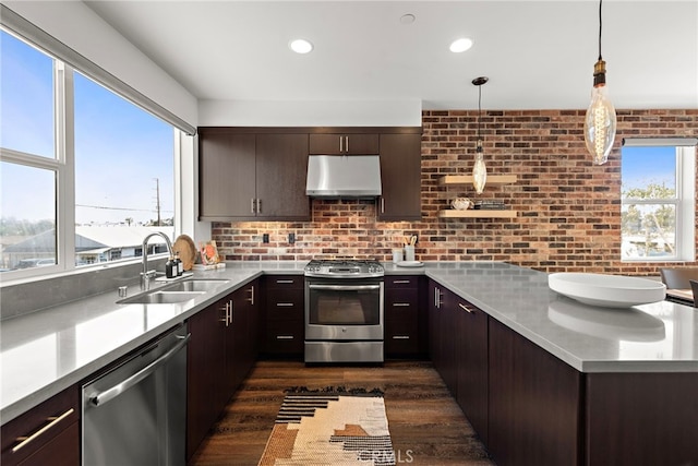 kitchen featuring dark brown cabinets, under cabinet range hood, light countertops, appliances with stainless steel finishes, and a sink