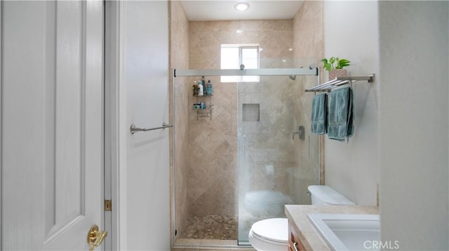 full bathroom with vanity, a shower stall, and toilet